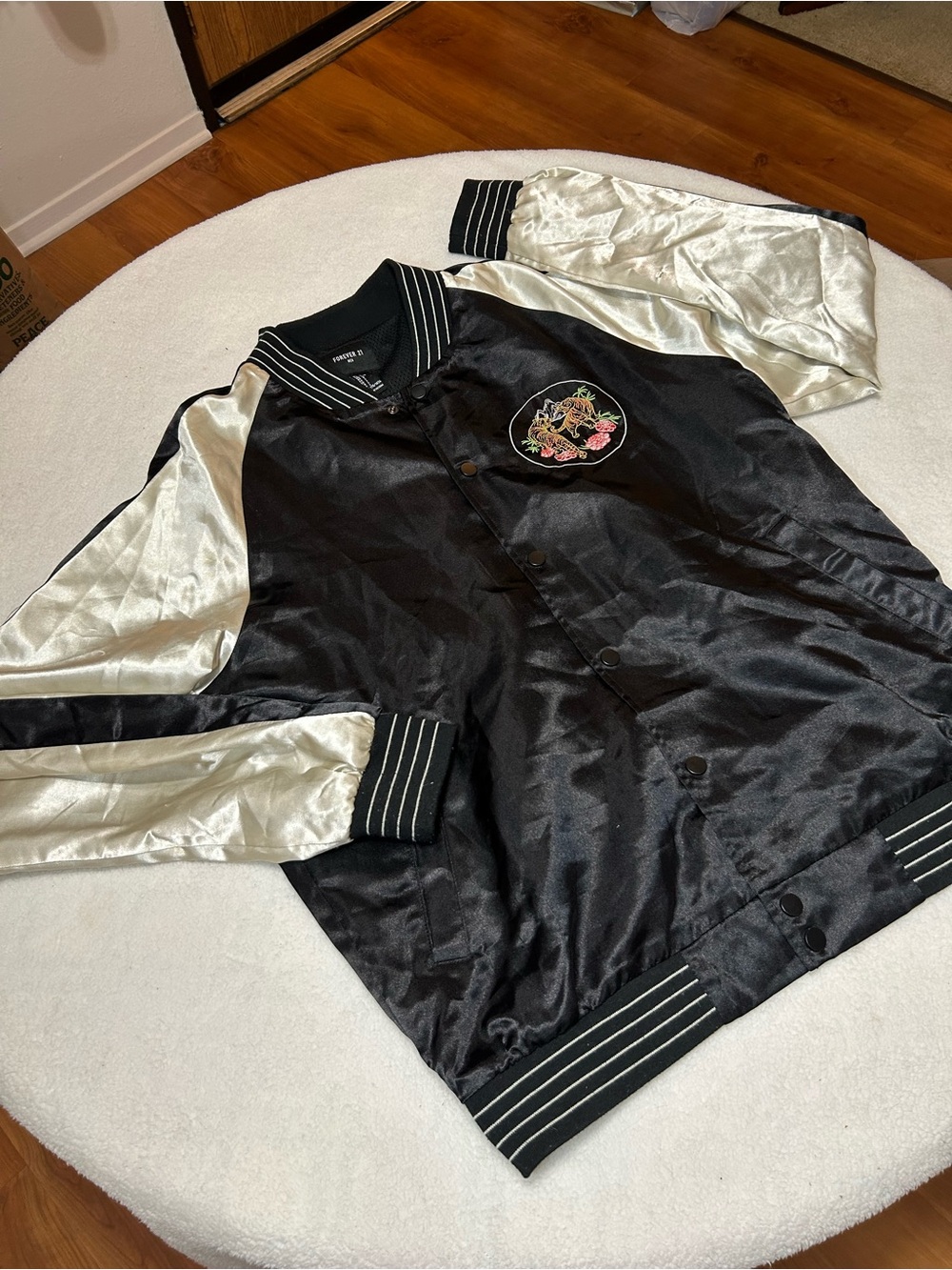 Forever 21 Black and Ivory Satin Bomber Jacket with Floral Patch